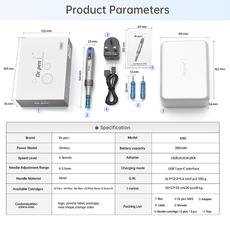 Dr.pen Ultima M8S Stylo Derma Professionnel Sans Fil avec 2 Cartouches d'Aiguilles 18 Broches pour la Croissance des Cheveux Microneedle Méso Thérapie Anti-Reflux Micro MTS Dermapen