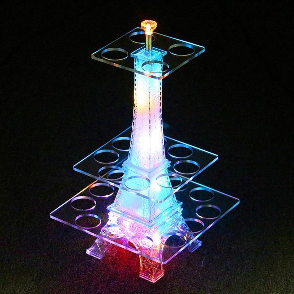 Décoration de fête Coloré Lumineux LED Cristal Tour Eiffel Cocktail Porte-gobelet Stand VIP Service S Verre Glorifier Présentoir D265G