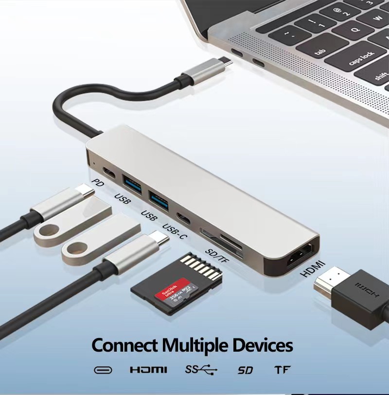 Hub USB 7 in 1 di tipo C. Lo splitter Seven In One 4K 30 Hz supporta tutti i computer con canale di tipo C su USB compatibile con Hdmi