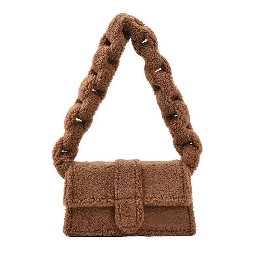 Bolsa de maquillaje imitación de cordero el cabello otoño de invierno sólido un hombro portátil portátil bolso cuadrado bolso de diseño285g