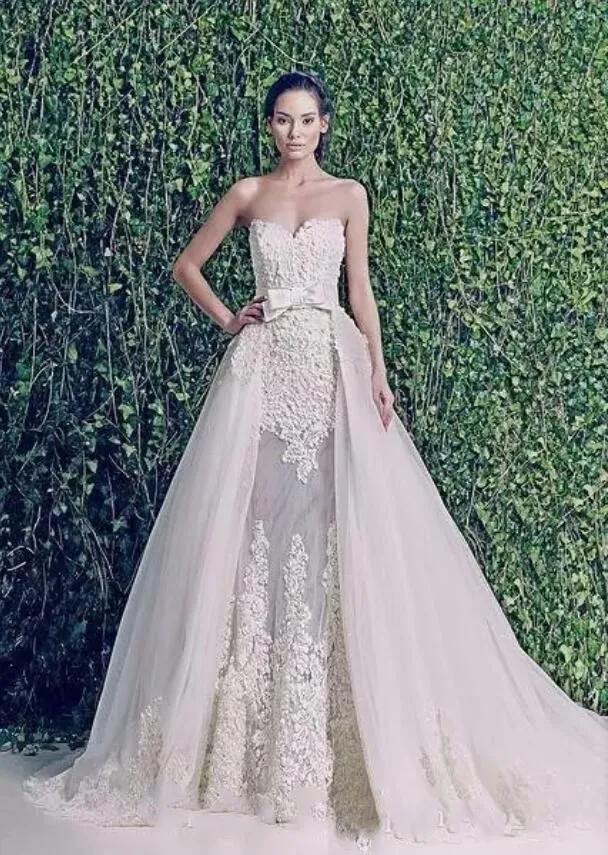 ZUHAIR MURAD Mütevazı gelinlik etekler üzerinde çıkarılabilir trenle tatlım sırtsız aplike dantel vintage artı boyutu gelin önlükleri