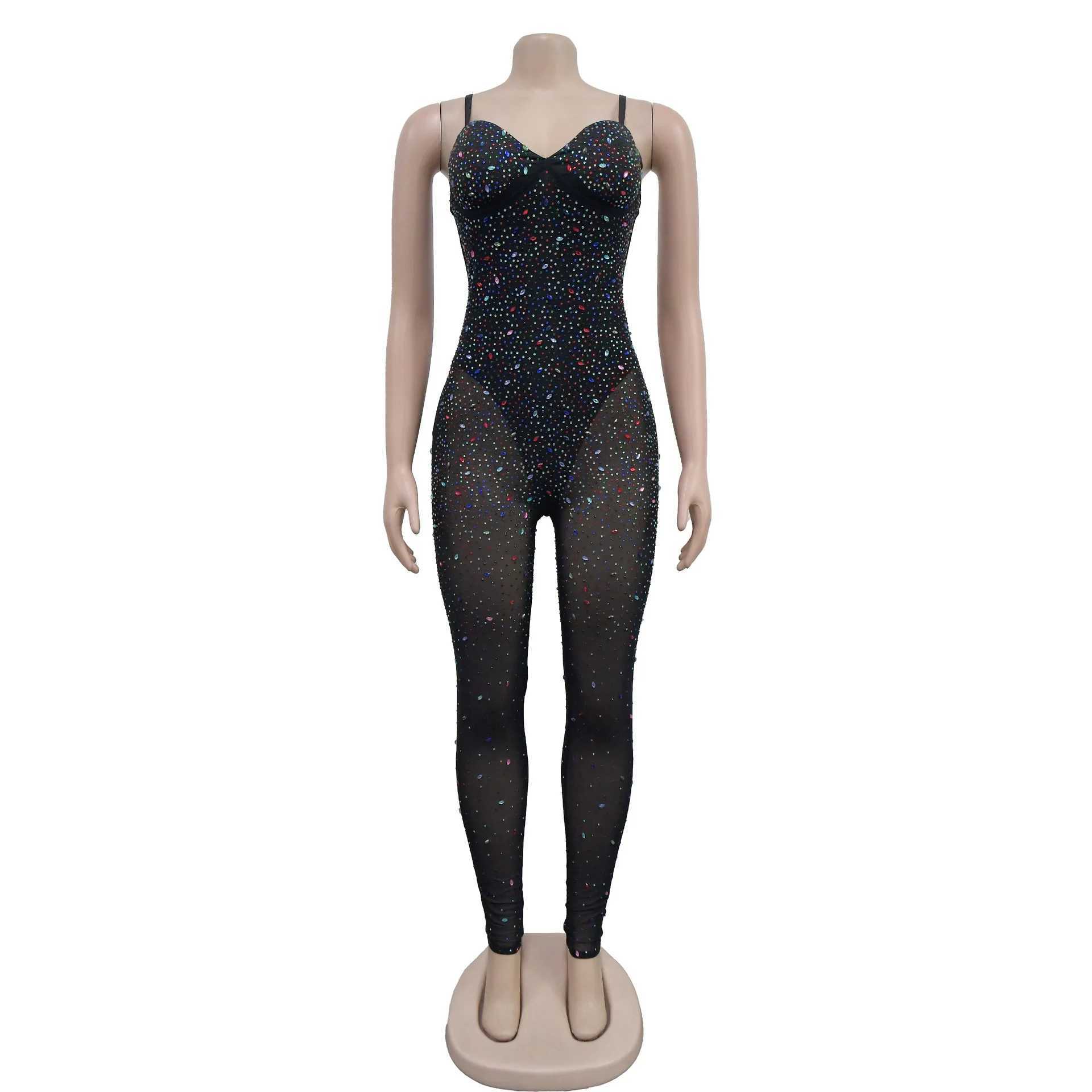 Kobiety Jumpsuits Rompers Rhinestone Mesh Sexy Jumpsuits 2023 Kobiety jesienne zimowe ubrania klub klub elegancki bodycon jednoczęściowy kombinezon bodysuitL231212