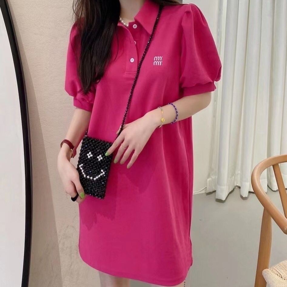 New design women's puff short sleeve turn down collar casual polo t-shirt dress SML