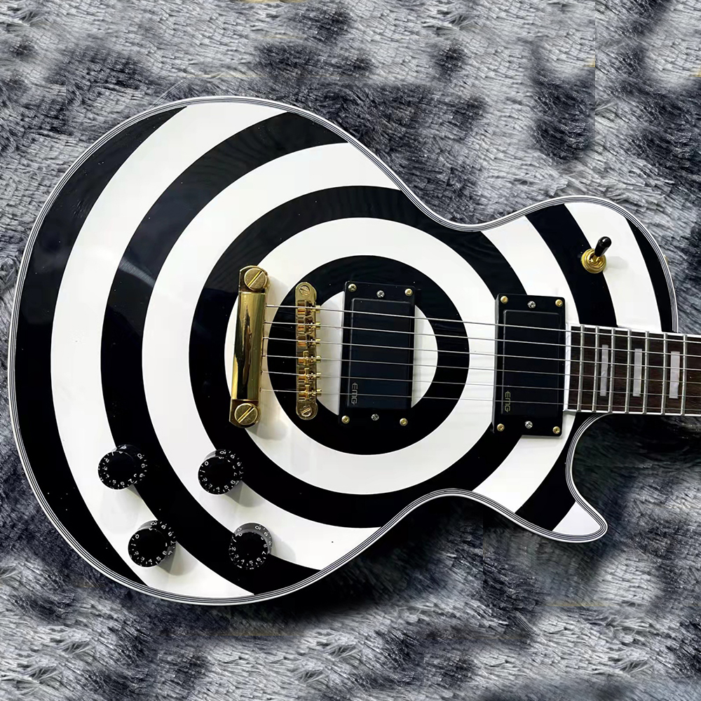 Zakk Wylde bullseye – guitare électrique blanche et noire, micros EMG 8185, couvercle de tige en treillis doré, bloc de vadrouille blanc, incrustation de touche