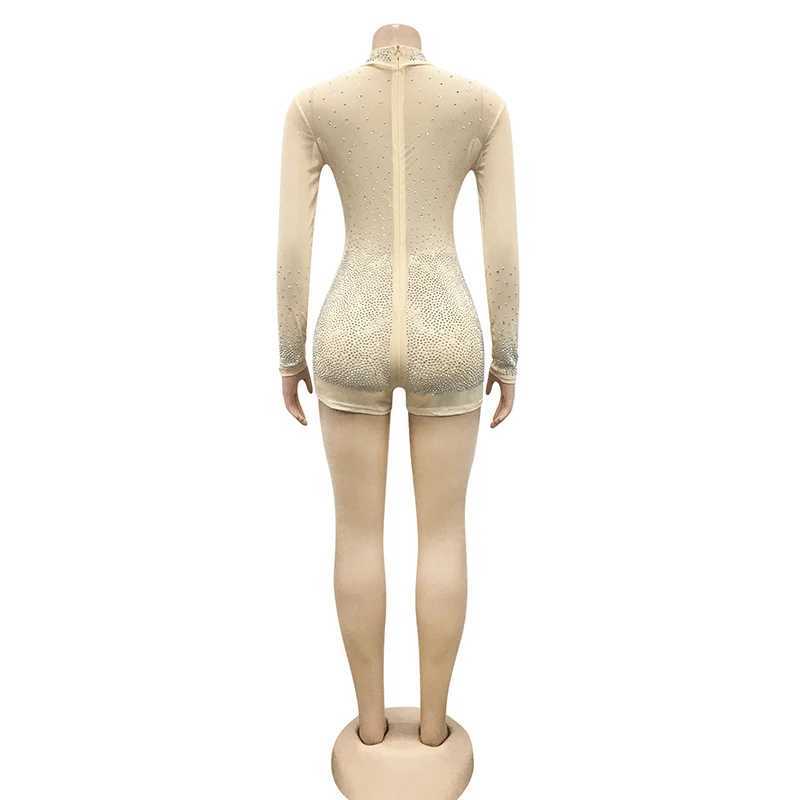 Combinaisons pour femmes Barboteuses Kricesseen Sexy diamant cristal maigre combinaison courte femmes nouveau support à manches longues voir à travers combishort nuit Clubwear barboteusesL231212