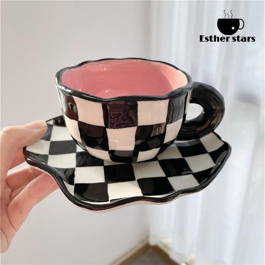 Tasses en céramique peintes à la main échiquier personnalisé conception originale tasse à café soucoupe pour thé lait cadeaux créatifs poignée Drinkware 2285E