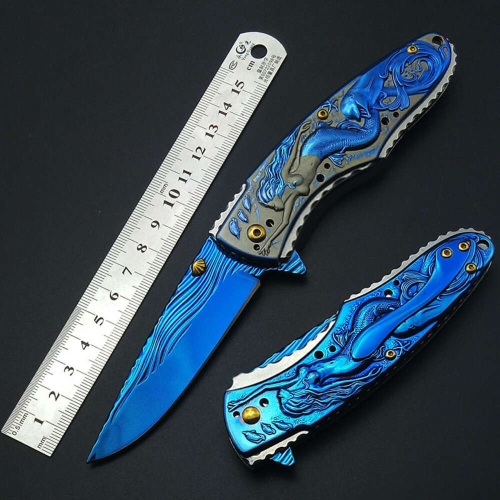 Mermaid Fold Knife Blue Titanium Artwork Blade Handle Folding Collect Knifes Survival Tools Hunting Knives 