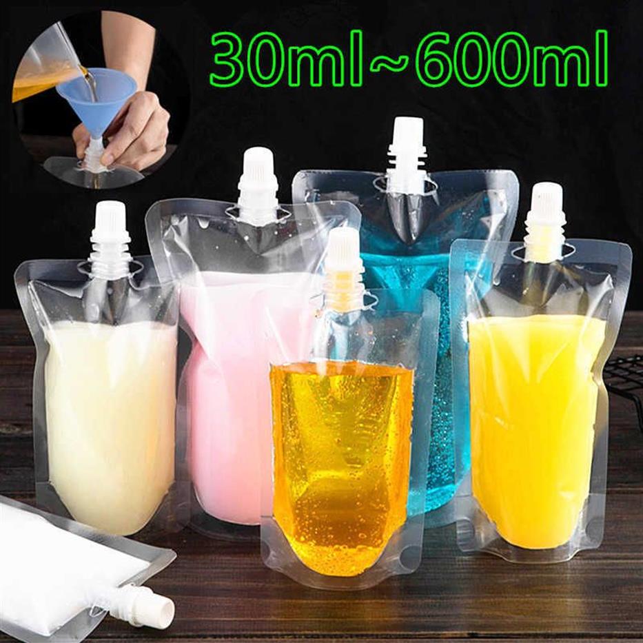 es 30ml-600ml transparente levante-se bico sacos de bebidas malotes de plástico para festa de casamento suco de frutas cerveja com funis 2213n