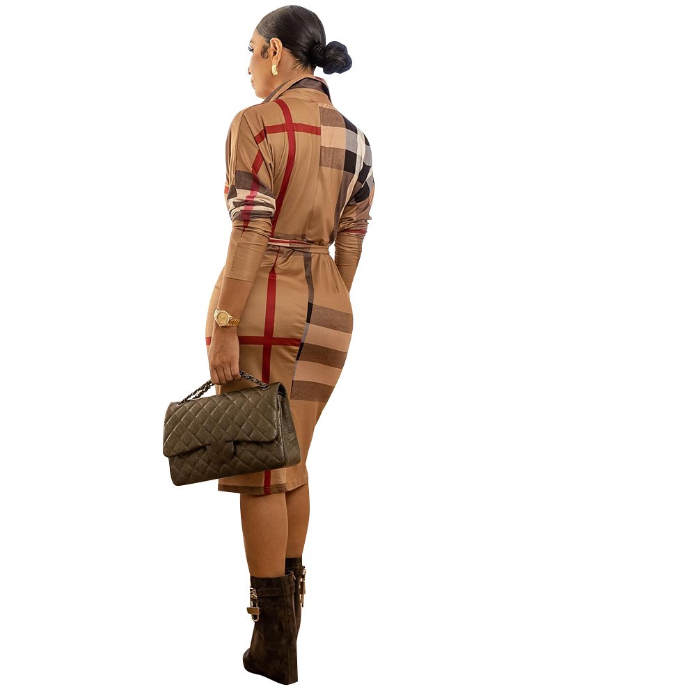 Autumn/Winter High Quality Super Fashion Striped Lace-Up Stand Collar Mid-Length Shirtdress