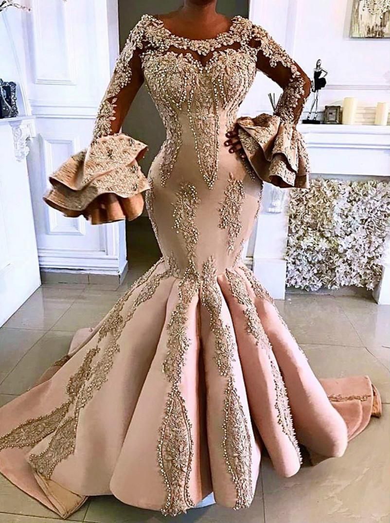 Arabic Aso Ebi Evening Dresses Lace Beaded Mermaid Prom Gowns Long Sleeves Special Occasion Dress