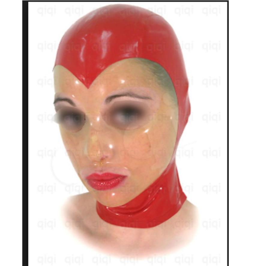 Máscara de látex vermelha preta com rosto transparente capuzes de látex com zíper nas costas fantasias adereços155Z