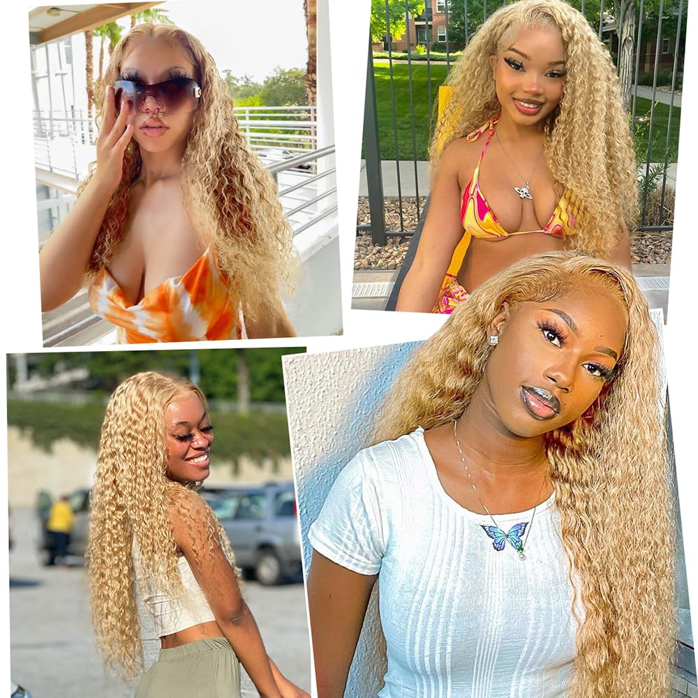 Honey Blonde Bob Curly Spets Front Wig Human Hair HD Lace Human Hair Wig For Women #27 Färgad peruk 150% Densitet Pre Plucked With Naturale Blonde Deep Wave 14inch