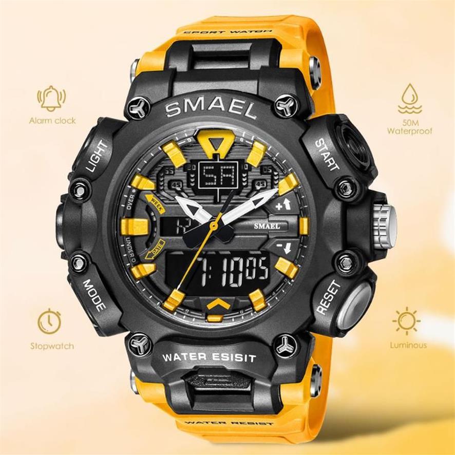 WristWatches Smael Dual Time Led Digital Watch for Men 50m Waterproof Chronograph Quartz zegarki Orange Military Sport Electronic 266W