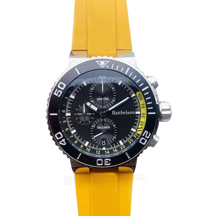 Uhrenkollektion für Herren, Quarz-VK67-Chronograph, gelbes Kautschukarmband, leuchtende schwarze Armbanduhr mit Datumsrad, 46 mm, 310 x