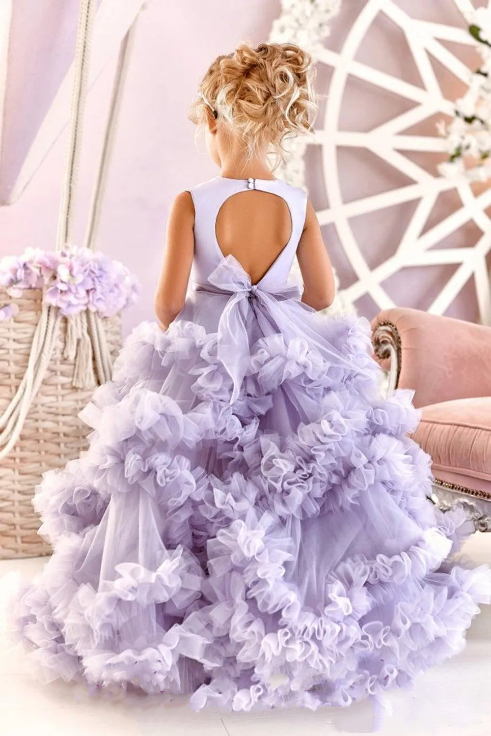 Elegante longo roxo flor menina vestidos judeu pescoço tule sem mangas vestido de baile até o chão feito sob encomenda para festa de casamento