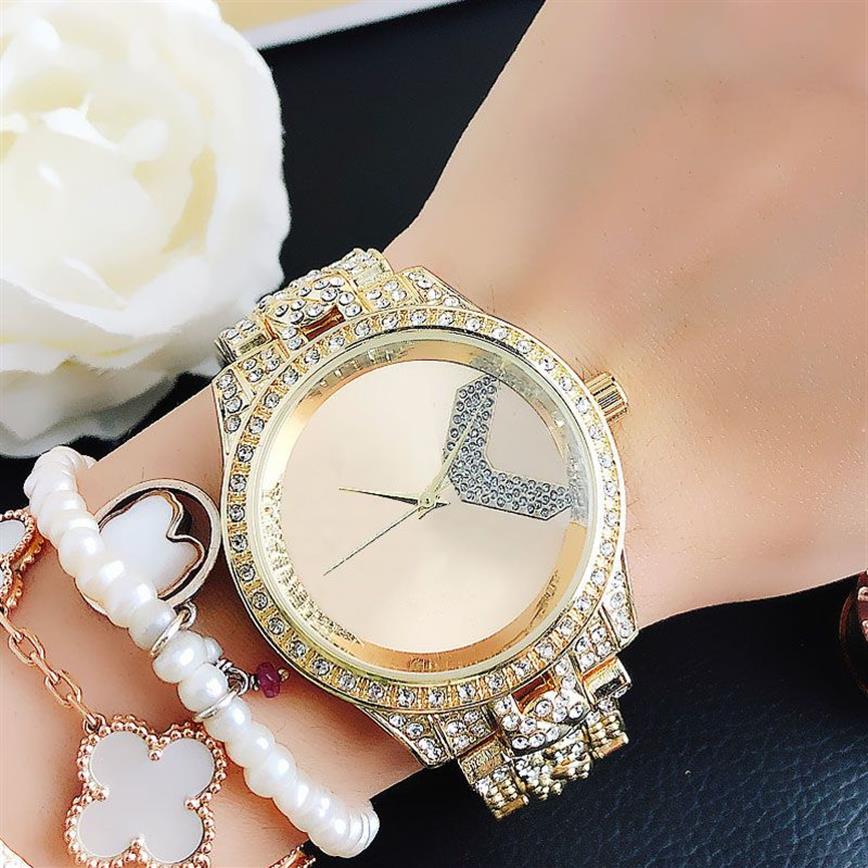 Marca relógio feminino menina grandes letras cristal metal banda de aço quartzo relógios de pulso m103296y