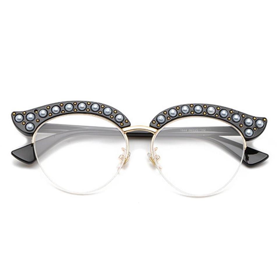 Cubojue Ojo de Gato Perla Mujeres Gafas Lente Transparente Transparente Moda Anteojos Marcos Mujer Medio Marco Gafas Anteojos Ladies234W