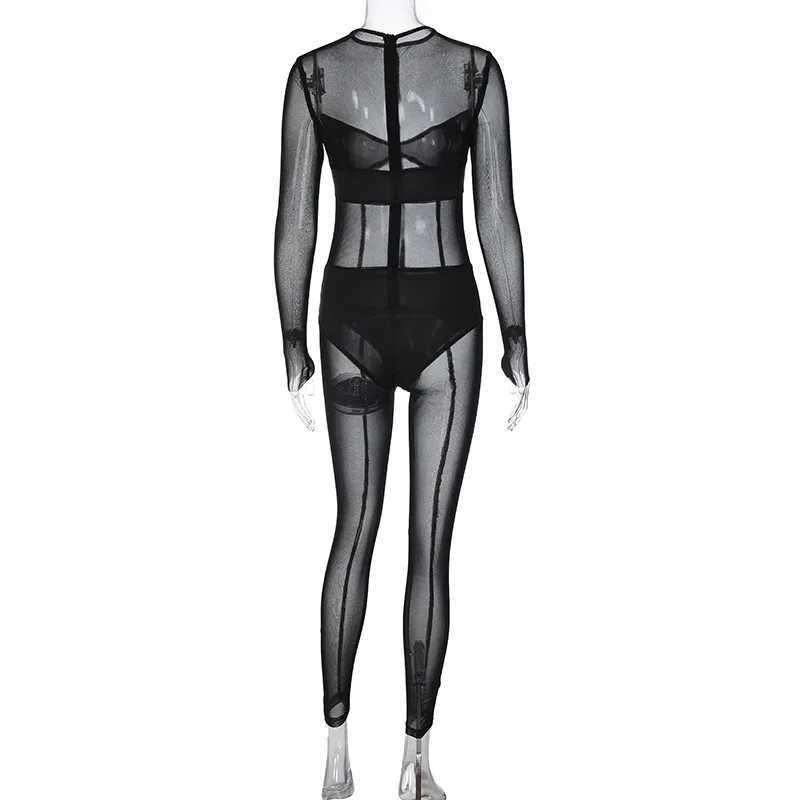 Women's Jumpsuits Rompers Autumn Winter 2023 Mesh See Through Black Bodycon Jumpsuit Ropmers Women Sexy Long Sleeve One Piece Party Club Overalls OutfitsL231212
