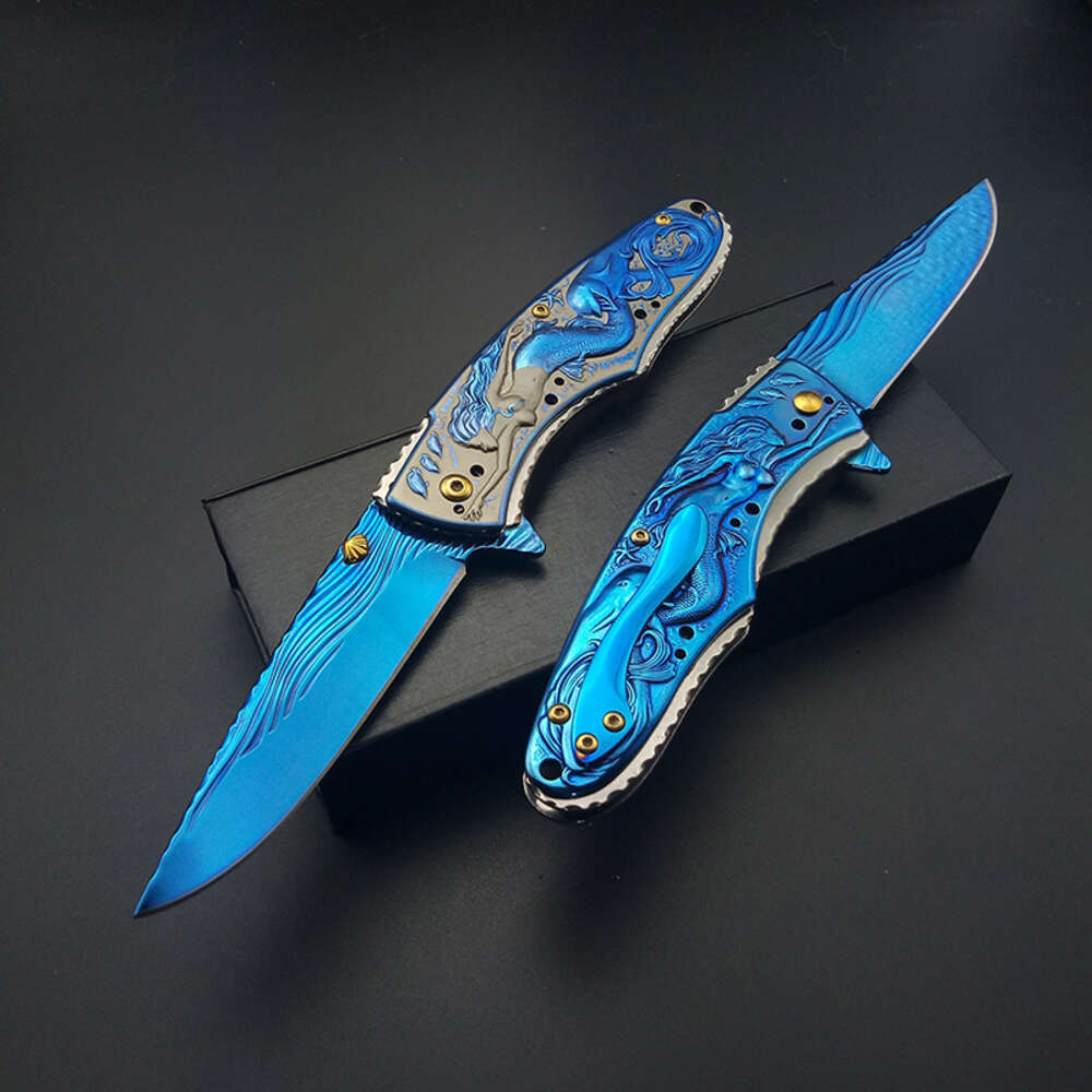 Mermaid Fold Knife Blue Titanium Artwork Blade Handle Folding Collect Knifes Survival Tools Hunting Knives 