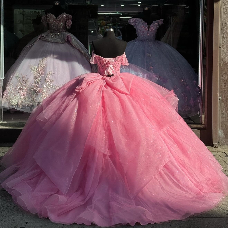 Vestidos de quinceañera brillantes de color rosa, vestido de fiesta mexicano con hombros descubiertos, cuentas de princesa de cristal, vestido largo dulce 16 para graduación de 15 años