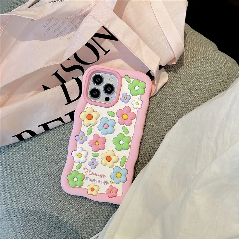iPhone 13 12 14 Pro Max I11 13Pro 고급 충격 핑크 플로럴 전화 커버 의 귀여운 꽃 부드러운 실리콘 입체 3D 케이스