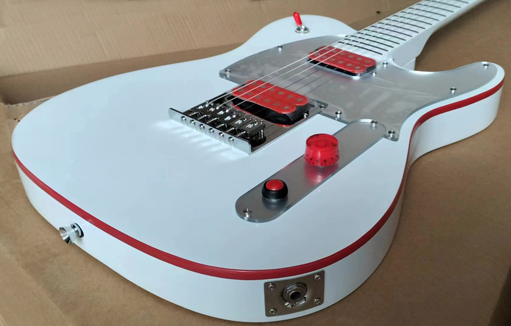 Guitare électrique blanche, boutique personnalisée, manche en érable fantôme, reliure rouge, expédition rapide