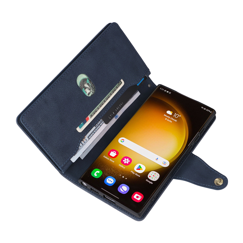 豪華磁気リベットフォリオジッパー電話ケースiPhone 15 Plus 14 13 12 11 Pro Max Samsung Galaxy S23 Ultra Multipla Card Slots Leather Wallet Chain Bracket Shell