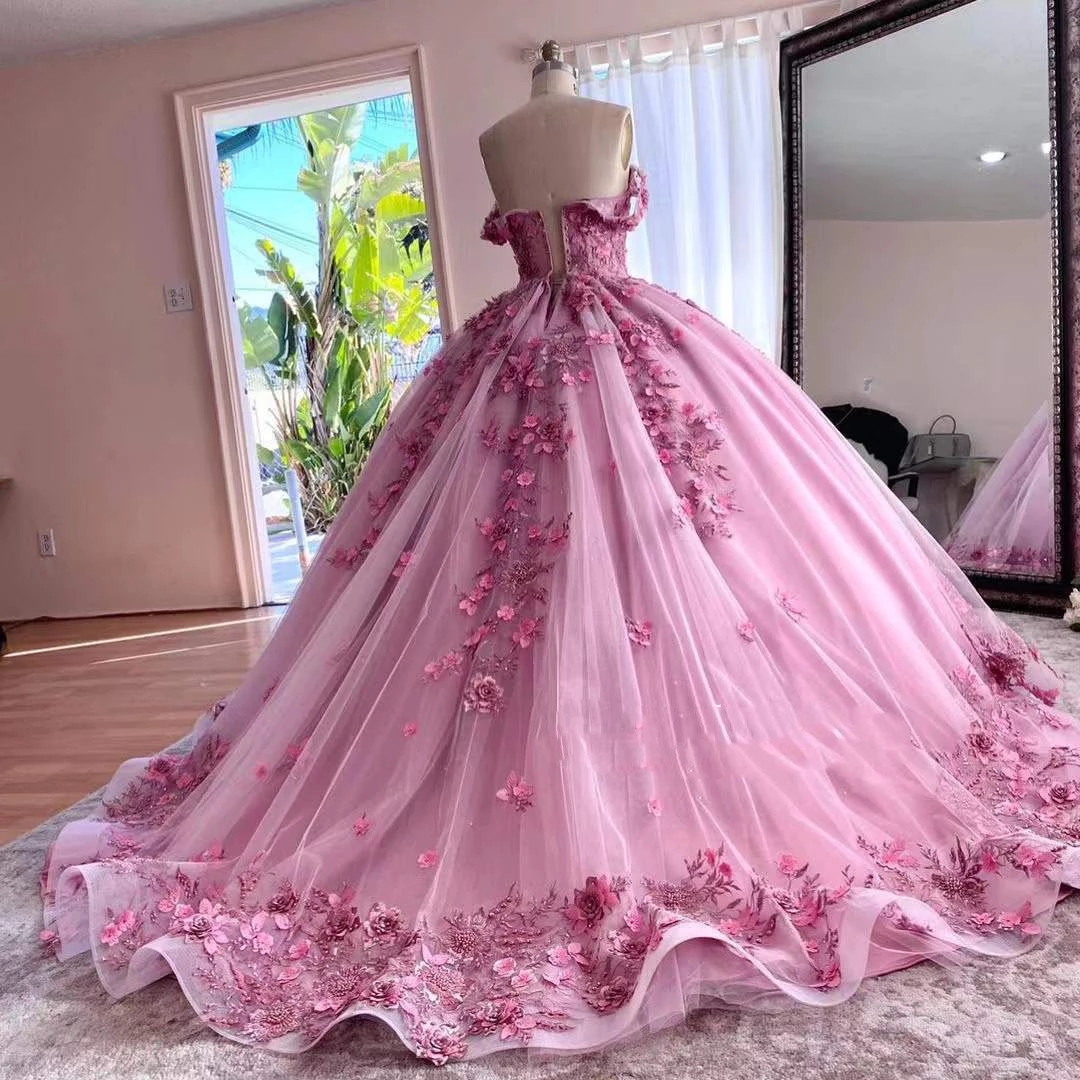 Pink Pretty Flowers Lace Beaded Quinceanera Dresses Off The Shoulder Princess Ball Gown Prom Evening Puffy Long Train Sweet 15 16 Dress For Girls Formal Wear CL1350