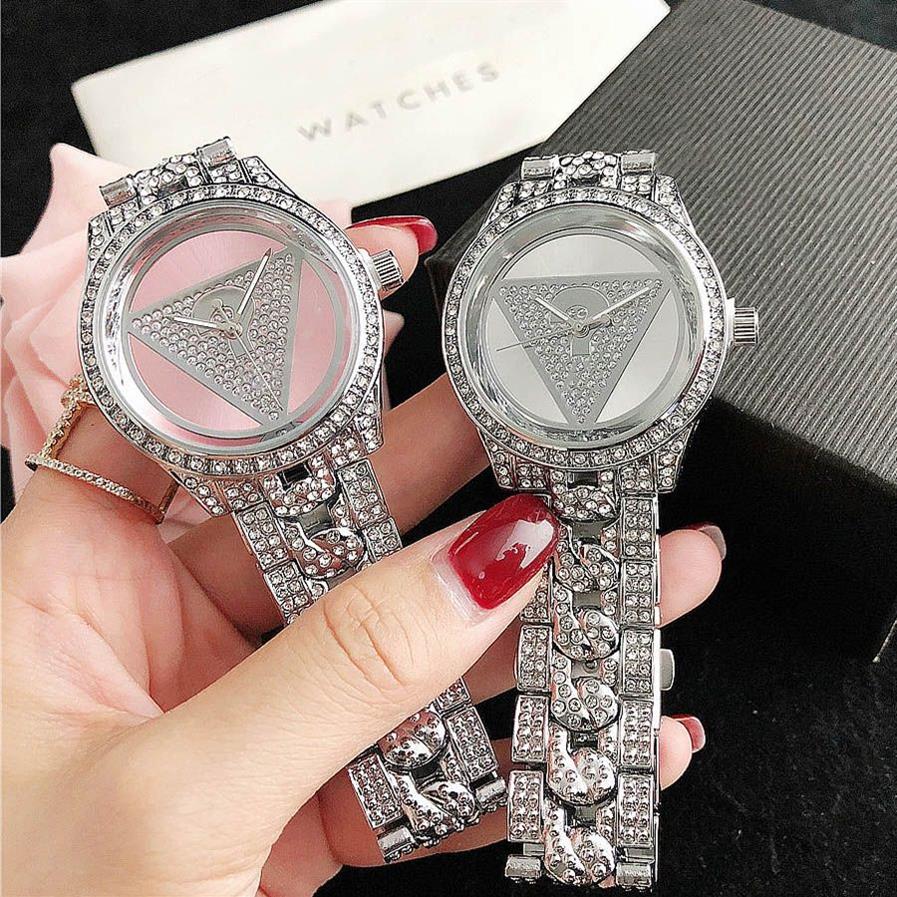 Marca relógios feminino menina diamante cristal triângulo ponto de interrogação estilo metal banda aço quartzo relógio pulso gs 43255o