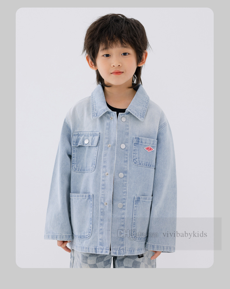 Teenagers letter embroidery denim jacket big kids lapel single breasted long sleeve casual outwear old boys soft cowboy tops Z5996