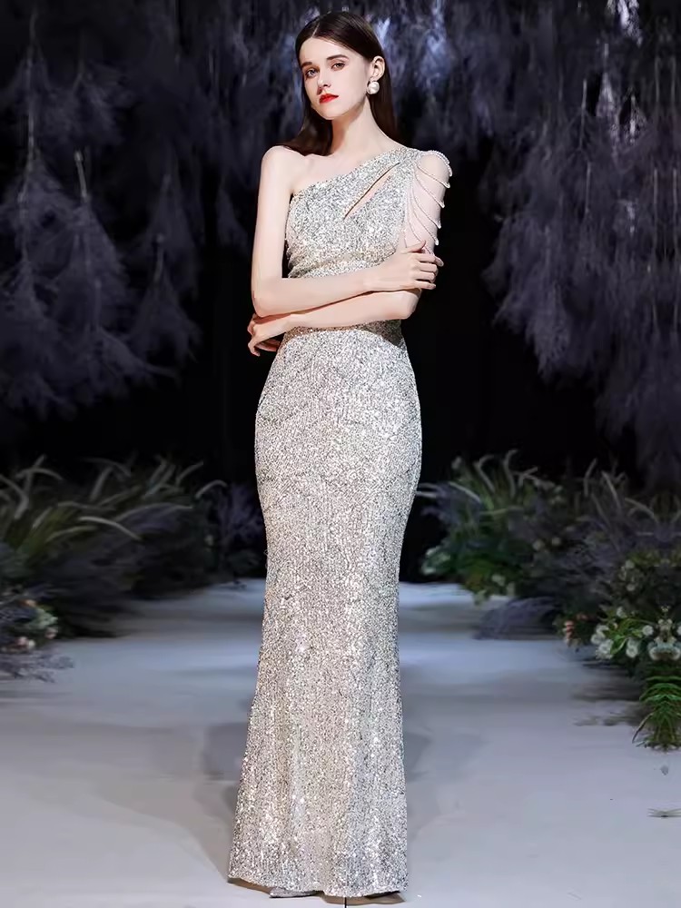 Plus la taille des paillettes d'or sirène robes de bal robes de soirée élégantes une épaule femmes sexy longue soirée robe formelle pour Bridemaid