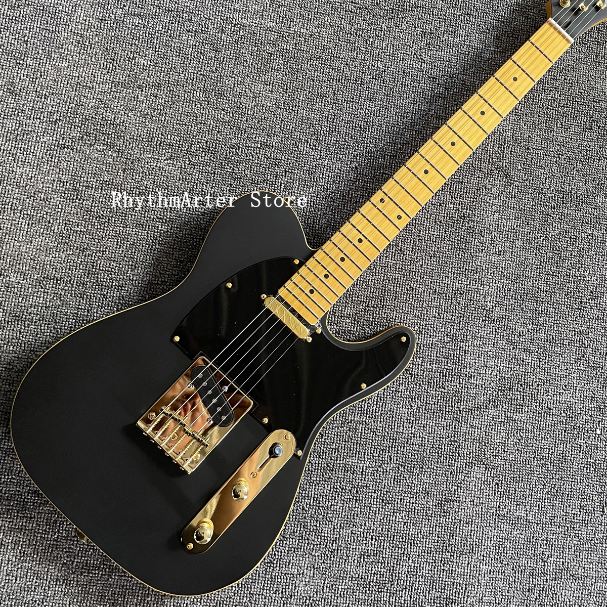 Guitarra eléctrica negra mate personalizada, encuadernación amarilla, puente trémolo Floyd Rose, diapasón amarillo Vintage, incrustaciones de puntos, golpeador negro