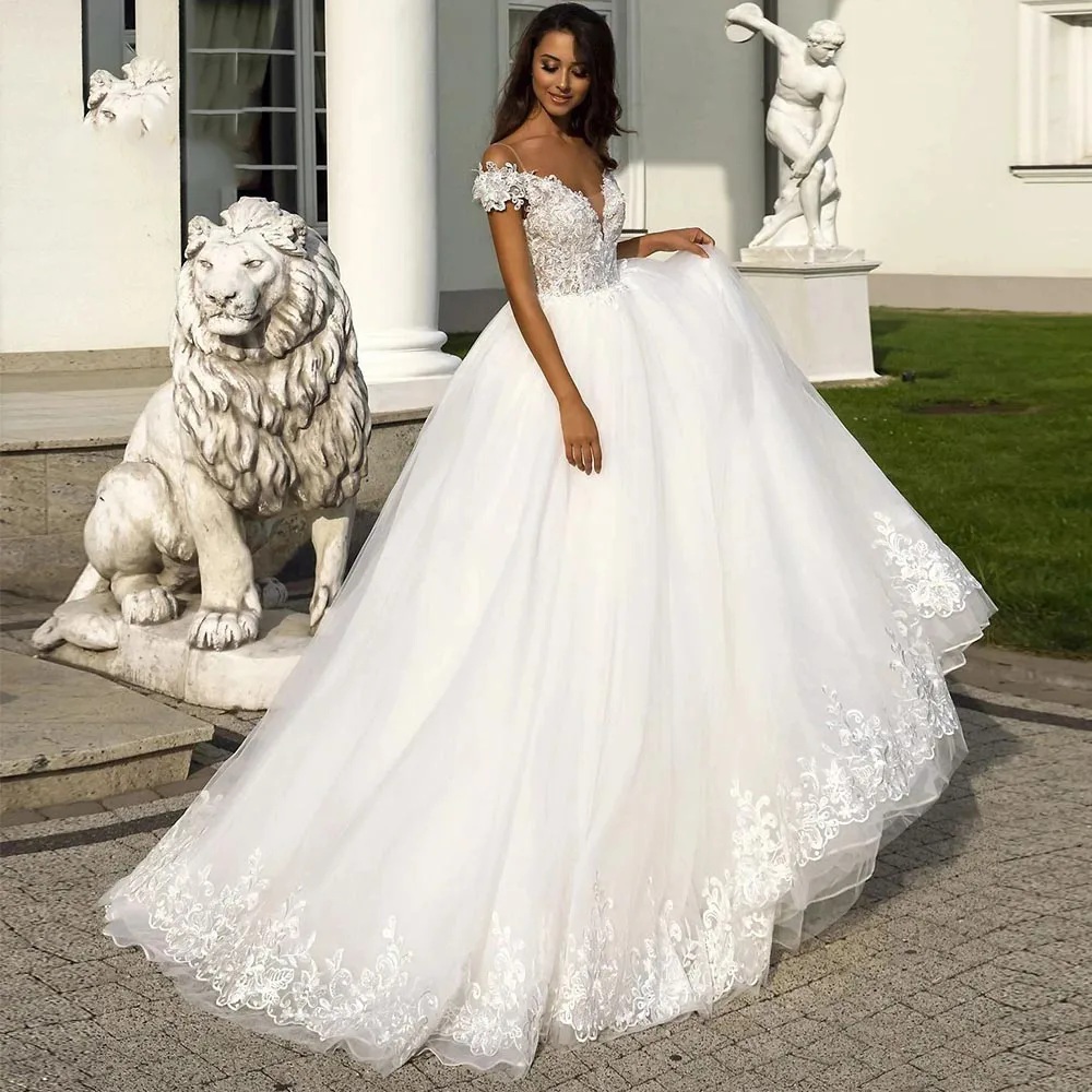 Elegante bordado de bordado ombro de manga curta vestido de casamento de vestido de casamento pommel vestido de renda de tule tulle vestido de noiva do chão até o chão