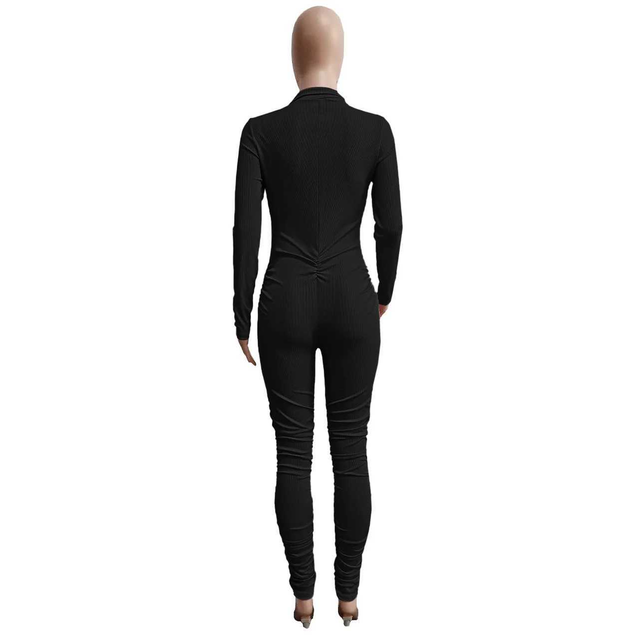 Kvinnors jumpsuits Rompers Fall Women's Jumpsuit Black Long Sleeve Ribbed Spandex High Neck Women's Tights Lång ärm Solid Color Slim-Fit Jumpsuitl231212