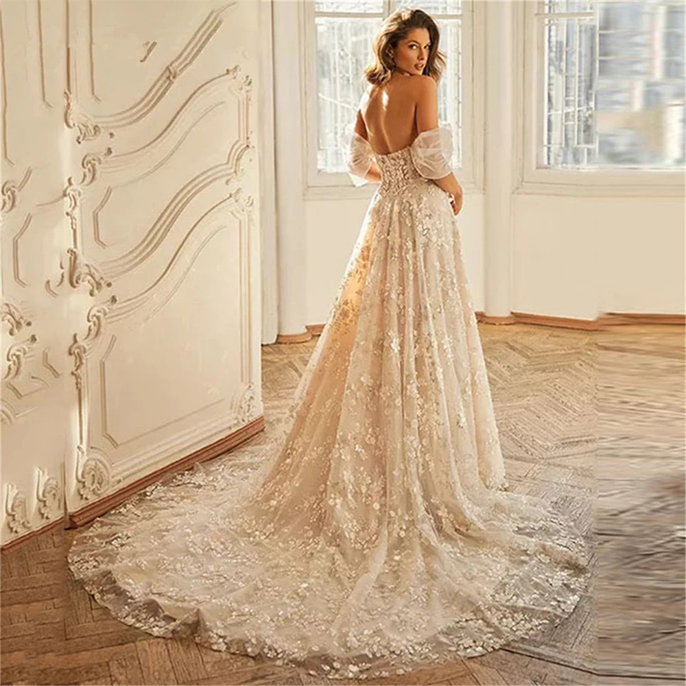 Elegant Wedding Dress Sweetheart Off Shoulder Lace Applique Backless Tulle Bridal Gown Floor Length Vestido De Novia