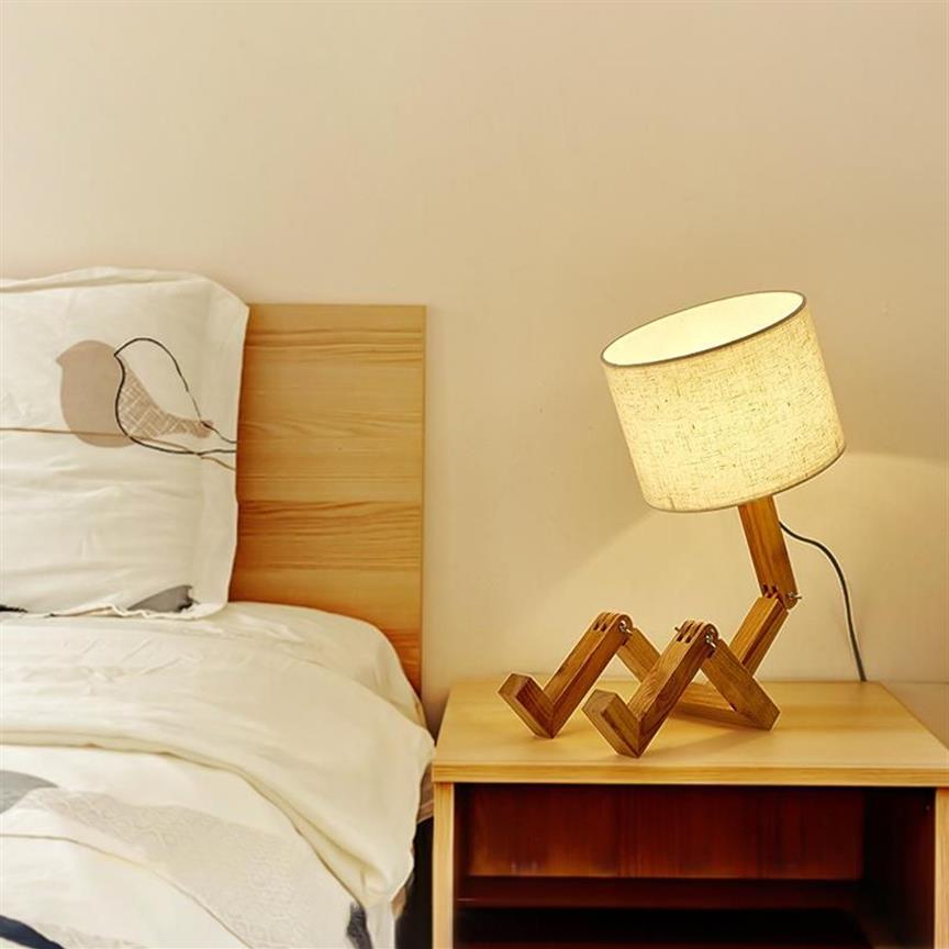 Table Lamps Modern Cloth Art Wood Desk Lamp Robot Shape Wooden Lights E27 Holder 110-240V Parlor Indoor Study Night Light316F