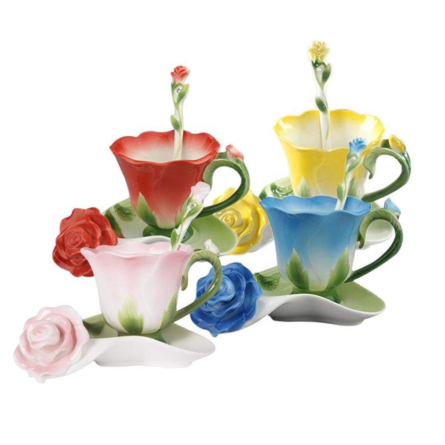 3D Rose Shape Flower Enamel Ceramic Coffee Tea and Saucer Spoon High-grade Porcelain Cup Creative Valentine Gift Design277M