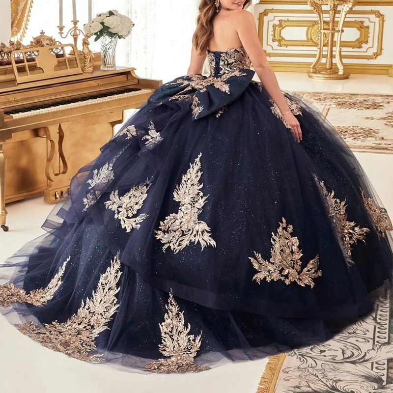 Granatowa błyszcząca suknia balowa sukienki Quinceanera Sweetheart Sweet 16 suknie balowe aplikacje koronkowe vestidos de 15 quinceanera