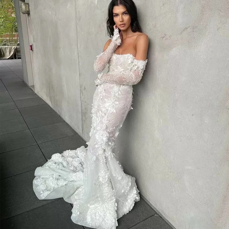 Magnifiques robes de mariée sirène robe de mariée avec manches longues détachables corsage d'illusion applique florale 3D décolleté en cœur