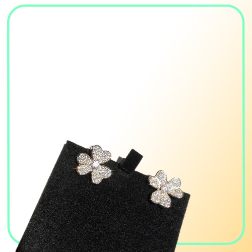 Brand Pure 925 Sterling Silver Earrings 3 Leaf Clover Flower Full Diamond Stud White Gold 9252595243