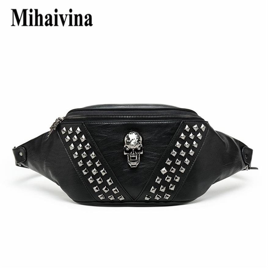 Mihaivina Punk Rivet Skull Men Taille Bag Women Black Fanny Pack Leather Chest S Vrouw Schouder Messenger Bum S 220216314K