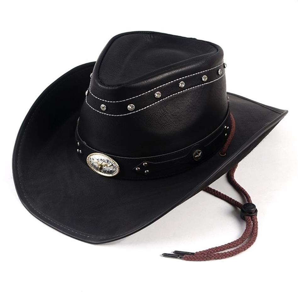 Wysokiej jakości klasyki kryształowe retro skórzane cappello kowboj kapelusz kobiety sunhat homme chapeau western vintage czapka 220813GX264K