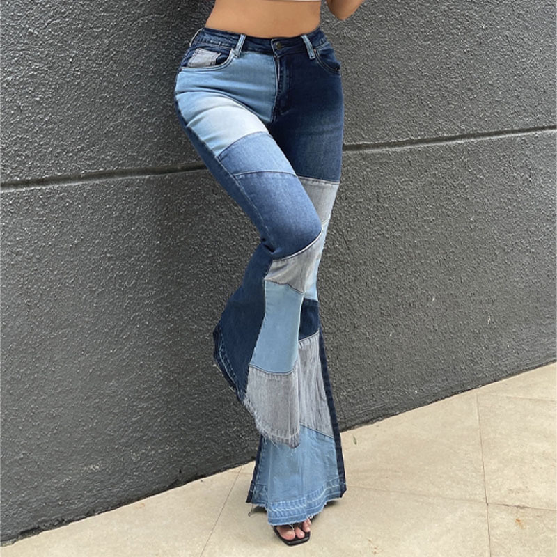 Mulheres flare jeans calças casuais pannelled colisão fashional cintura alta ajuste feminino de alta qualidade