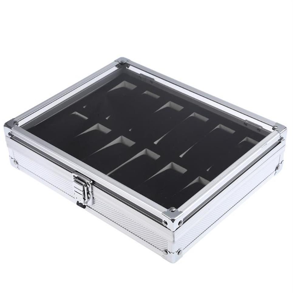 Titta på lådor Fall Professional 12 GRID Slots smycken Watches Display Storage Square Box Case Aluminium Suede Inside Container OR212Y