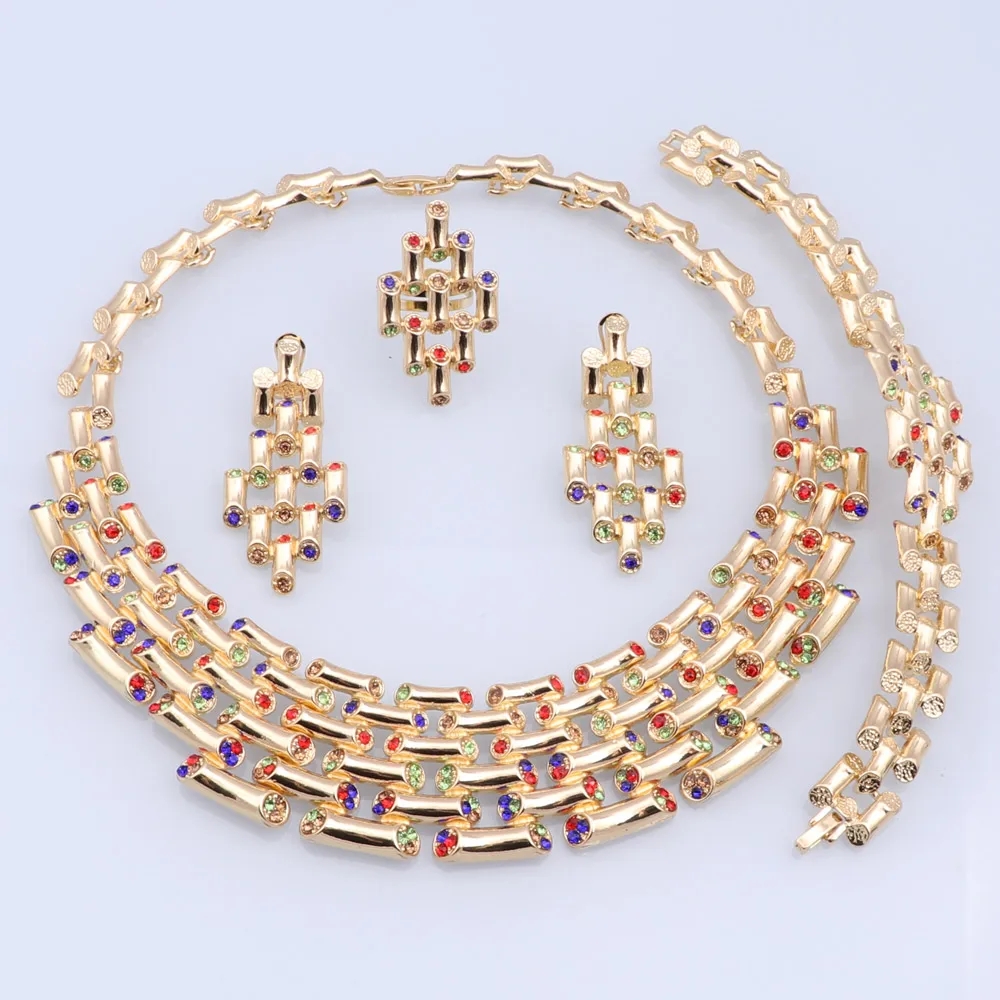 Italian Gold Color Jewelry Set Elegant Crystal Necklace Earrings Ring Bracelet For Women Bride Wedding Party Accessories