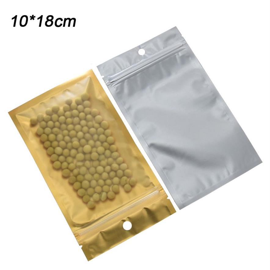 10 18 cm matt klart dragkedja blixtlåsspåsar guld aluminium folie plastpaket påse med hänghål mat livsmedelsbutik show förpackning pouches307w
