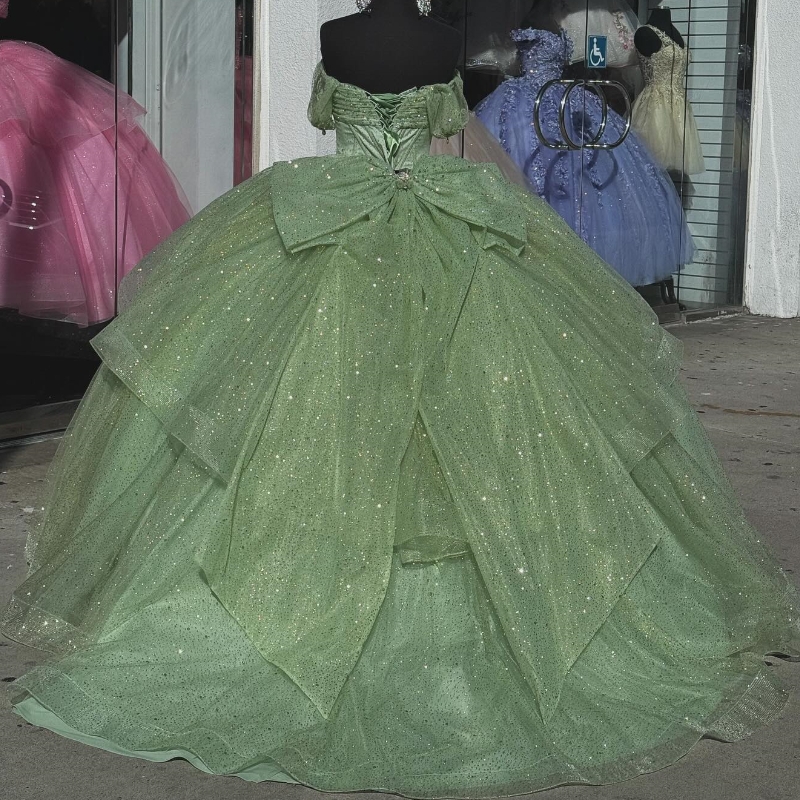 Sparkly Mint Green Sweetheart Quinceanera klänningar från axelbollklänningen pärlor kristallprinsessan klänning vestidos 15 de quinceanera