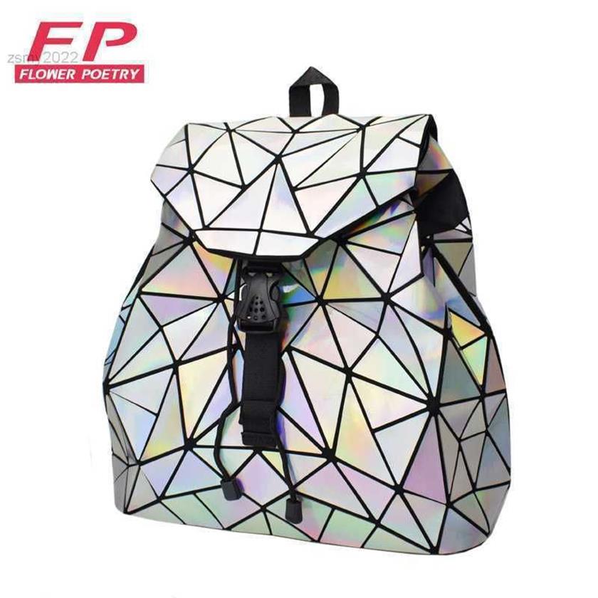 Fashion Women Trawstring sac à dos Géométrique Femelle Sac à dos pour les adolescentes Bagpack Holographic Dames Bao School Bag SAC280Q