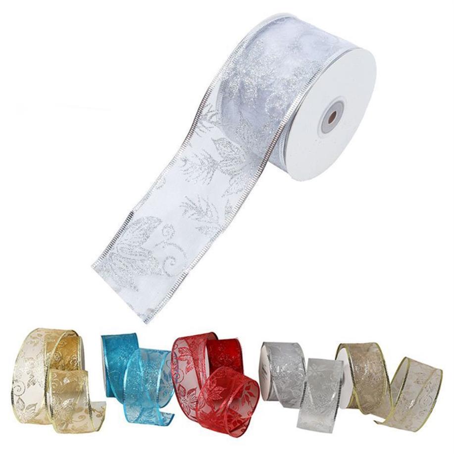 Rouleau de ruban de noël filaire transparent à paillettes de fleurs, 50 Yards, pour fête de mariage, décoration d'arbre de noël, artisanat à nœud DIY J1209279B