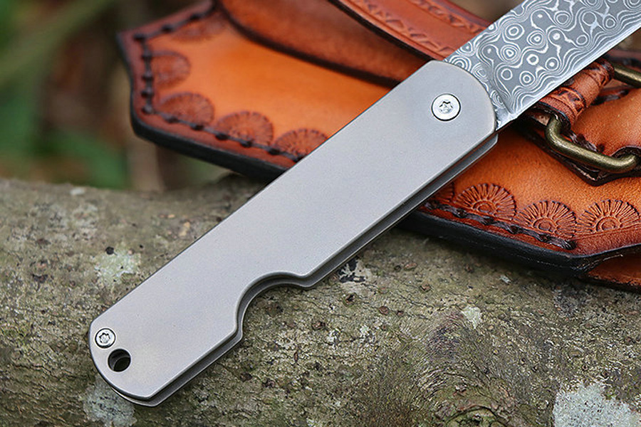 MM7691 Pocket Folding Knife 8Cr13Mov Damascus Steel Blade CNC Finish Titanium Alloy Handle Outdoor EDC Gear Fruit Knives with Leather Sheath